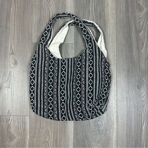 Boho Canvas Shoulder Bag Black‎ White Geometric Print Tote Slouchy Bag